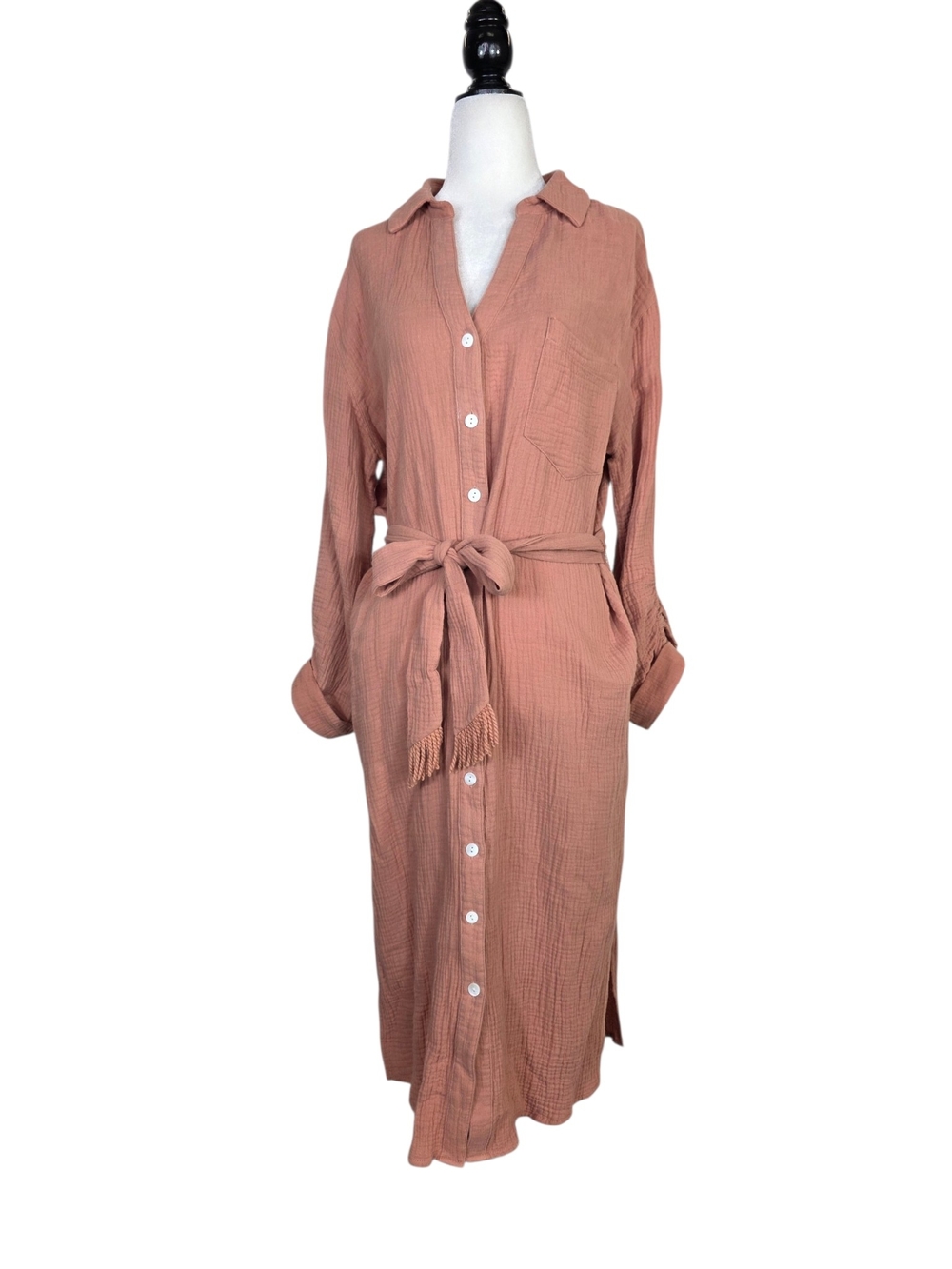 Heartloom Gauzy Cotton Button-Front Tie-Waist Long Sleeve Shirt Midi Dress